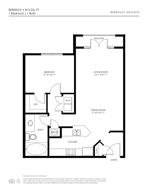 Floor plan for 1 bed, 1 bath, 813 sqft